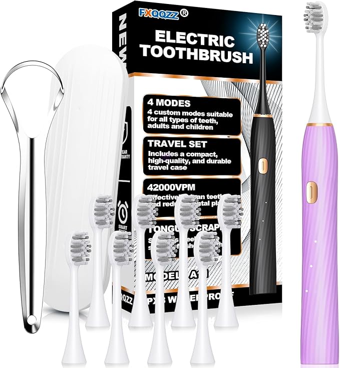 Electric Toothbrush for Adults and Kids, with Tongue Scraper and Travel Case, 8 Brush Head, Smart Timer & 4 Modes Rechargeable Toothbrush, 42000 VPM Deep Clean, One Charge Last 90 Days - Purple