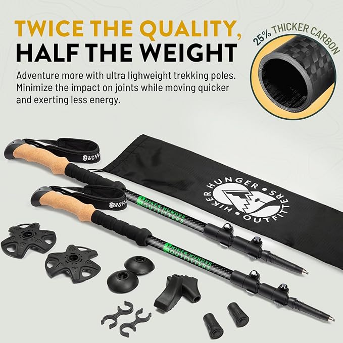 100% Carbon Fiber Trekking Poles by USA Brand - Ultra Strong Lightweight Collapsible Hiking Poles with Cork and EVA Foam Grips & Quick Adjustable Flip Locks-StrideForce Fitness