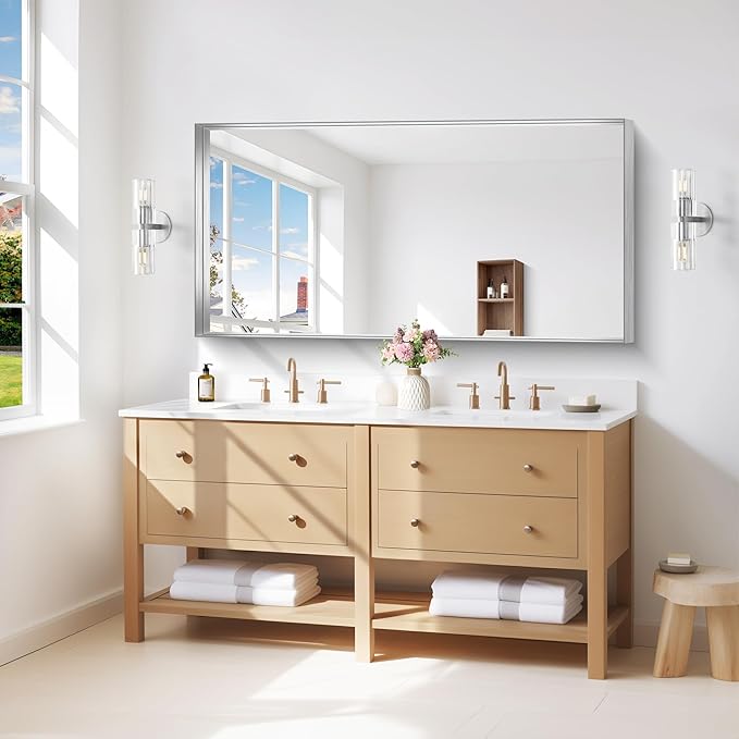 Silver Bathroom Mirror, 24x48 Inch Rectangular Framed Mirror, Large Wall Mounted Bathroom Vanity Mirror Over Sink for Bedroom,Restroom, Living Room, Hangs Vertically or Horizontally-StrideForce Fitness