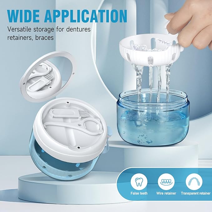 Denture Bath Box Cup, Leak Proof Denture Cup Kit Portable Retainer Case for Travel, Denture Case Cleaning Care for Dentures Aligner Mouth Guard with Denture Brush,Strainer, Removal Tool and Mirror