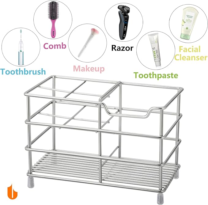 Urbanstrive 304 Stainless Steel Bathroom Toothbrush Holder Toothpaste Holder Stand Bathroom Accessories Organizer (Silver, Large)