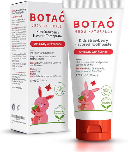 Kids Natural Strawberry Flavored Anticavity Fluoride Toothpaste Maximum Cavity Protection Cleans Children’s Teeth Protects Gums Chamomile Aloe Vera Calendula Xylitol for Ages 2 and Up