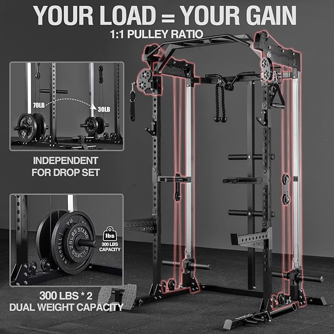 Mikolo Power Cage, 2000LB Power Rack with Independent Dual Pulley System, Multi-Function Home Gym Workout Machine for Cable Crossover-StrideForce Fitness