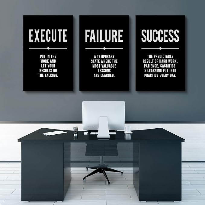 Framed Canvas Wall Art Success Quote, Office Wall Art, Black Large Poster, Positive Motivational Set of 3 Prints, Execute Failure Definition, Inspirational Print (A-3pcs,20x30inchx3pcs)-StrideForce Fitness