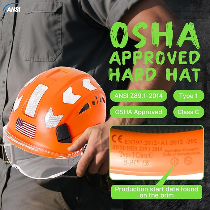 AOLAMEGS Construction Safety Hard Hat - ANSI Z89.1 Type Ι OSHA Approved Safety Helmets with Chin Straps Lightweight Reflective Vented ABS Hard Hats For Men Women Industrial Workwear 6-point Suspension-StrideForce Fitness