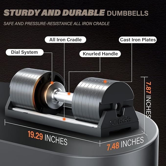 SNODE AD80 Drop Proof 80 lbs Adjustable Dumbbell Set -Adjustable Weights with Cast Iron Plates and Cradle, Knurled Handle, Fast Adjust, Compact Home Gym Equipment for Bench & Press-StrideForce Fitness