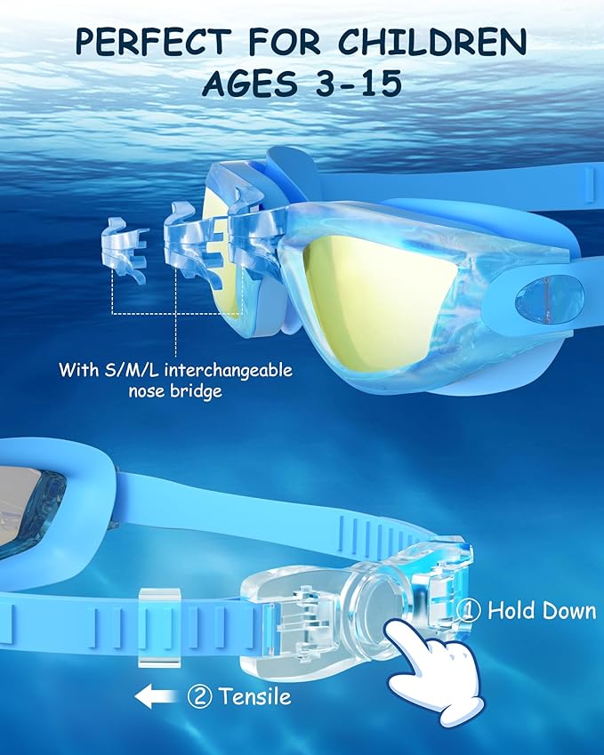 Kids Swim Goggles, Swimming Goggles for Kids Toddlers 3-14 with Swim Cap, Nose Clip, Nose Bridge, Ear Plugs-StrideForce Fitness
