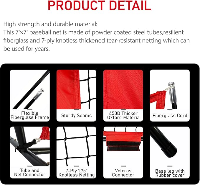 7×7FT Baseball net, Pitching net with Strike Zone Target, Baseball&Softball Practice net with Sturdy Bow Frame and Stable Base,Portable Practice net for All Ages and All Skilled Levels-StrideForce Fitness
