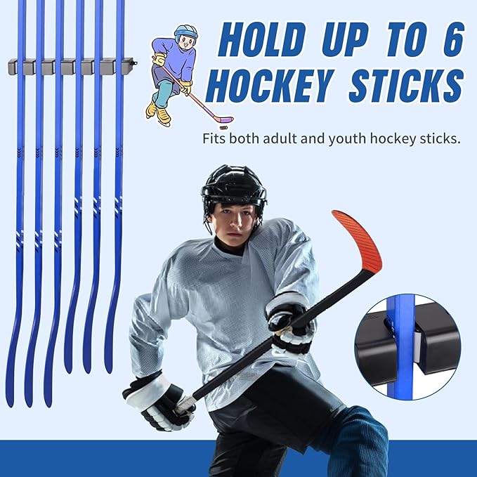 Hikeen Hockey Stick Wall Mount, Enhanced Stability Ice Hockey Stick Display Holder, Space-Saving Hockey Stick Organizer Holds up to 6 Sticks for Any Home Office Wall-StrideForce Fitness
