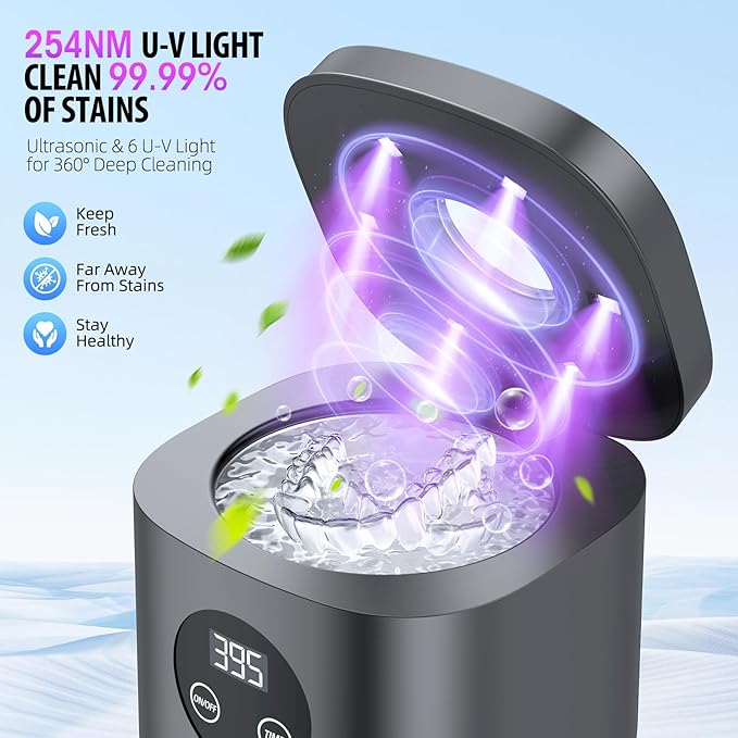 TEBAL Ultrasonic Retainer Cleaner Machine, 52kHz Ultrasonic Denture Cleaner for Night Guards, Braces, Toothbrush Heads, Jewelry and More, Ultrasonic Cleaner for Retainers with 250ML Capacity, Black