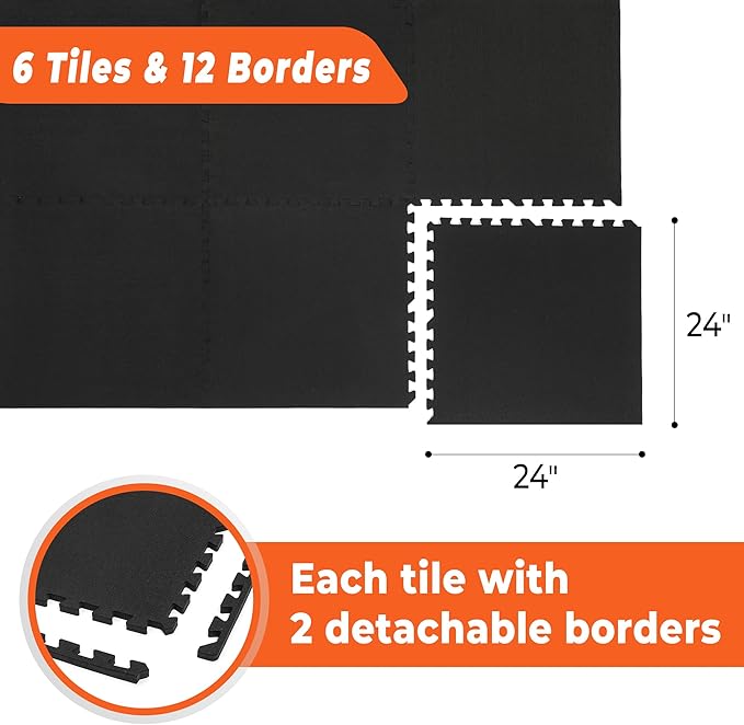 SUPERJARE 0.4'' Thick 6 Pcs 24 Sq Ft Rubber Top Exercise Equipment Mats, High Density EVA Foam Mats with Rubber Top, Interlocking Gym Flooring for Home Gym, Protective Workout Mat, Black-StrideForce Fitness
