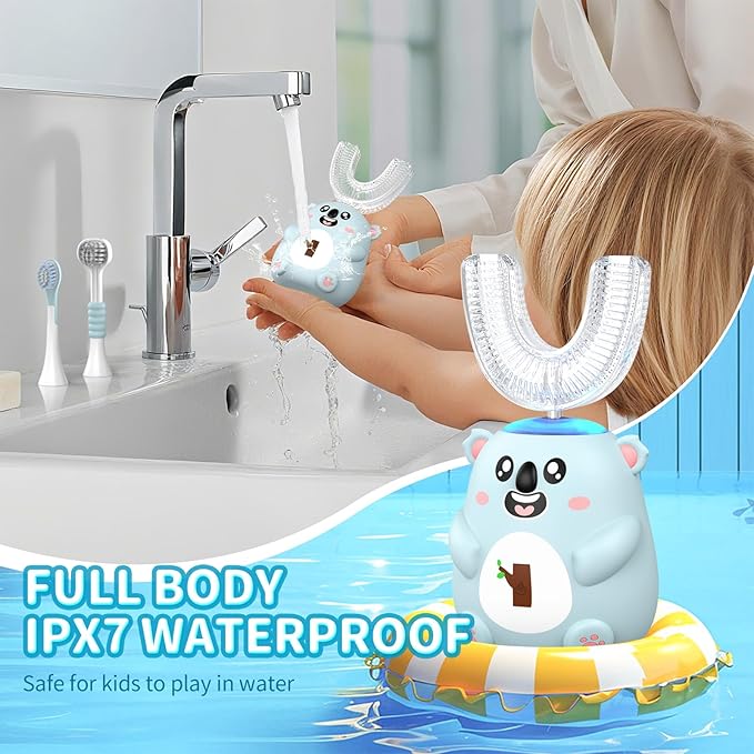 Kids U Shaped Electric Toothbrush, Automatic 360° Sonic Cleaning, 6 Modes, 4 Brush Heads, Cute Cartoon Koala Design (6-12 Age (Grey Blue))