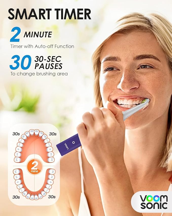 Voom Sonic Pro 7 Rechargeable Electronic Toothbrush + Pro 7 Series Replacement Brush Heads - 2-Minute Timer with Quadrant Pacing & 5 Adjustable Speeds,Soft Dupont Nylon Bristles Oral Care - Purple