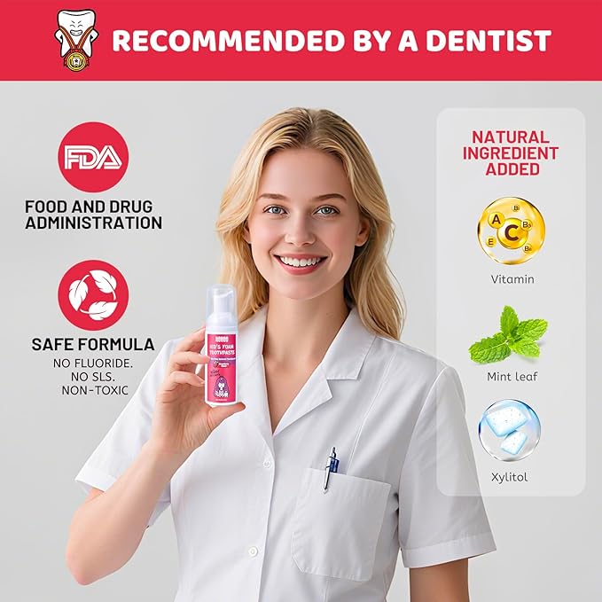 NOHOO Fluoride Free Foam Toothpaste Kids Fruit Flavour,Natural Training Toothpaste for Baby Toddler Children Oral Cleaning and Cavity Protection(2 Strawberry + 2 Watermelon)