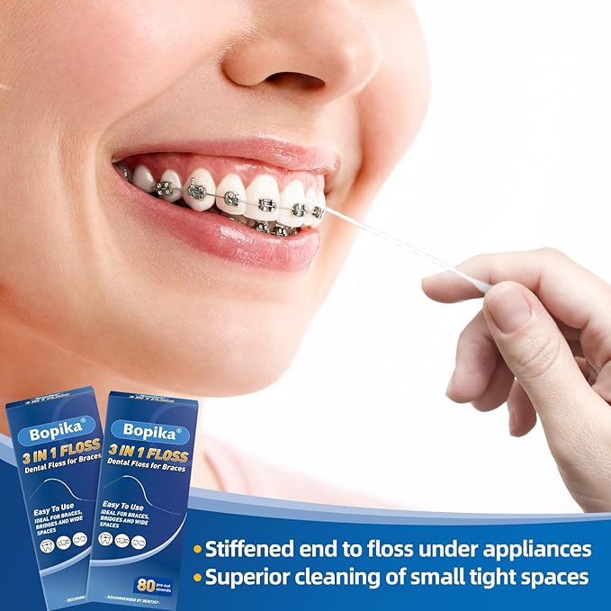 Bopika Dental Floss for Braces, 3 in 1 Ultimate Floss, Floss Threaders for Bridges and Implants, 80 Pre-Cut Strands (Pack of 2)