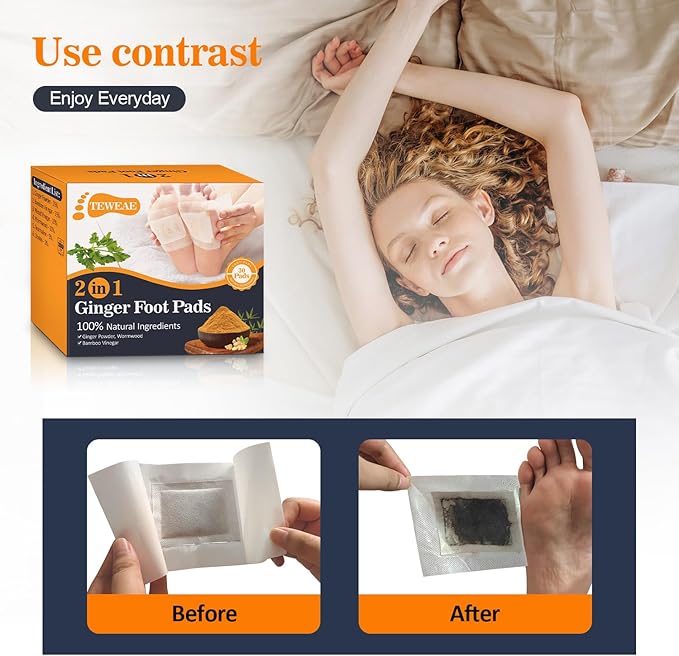 2 in 1 Foot Pads, 30 Pads Tear and Use Pure Ginger Bamboo Wormwood Foot Pads, Bigger Adhesive ''Stay in Place'' Goodnight Pads-StrideForce Fitness