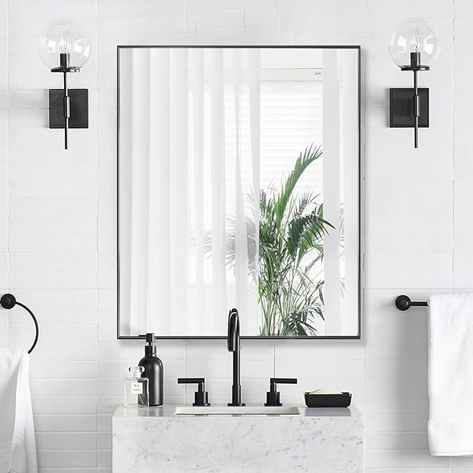 24x32 Inch Black Bathroom Mirror for Wall, Aluminum Frame Rectangle Rectangular Vanity Mirror, Modern Large for Bedroom, Living Room, Horizontal or Vertical-StrideForce Fitness