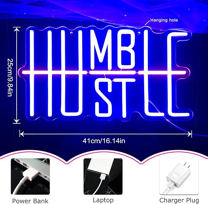 Humble&Hustle Neon Sign Light Up for Wall Decor Hustle Led Sign for Gym Small Acrylic Art Decor for Office Bedroom Decorations 16.54x9.45 inch-StrideForce Fitness
