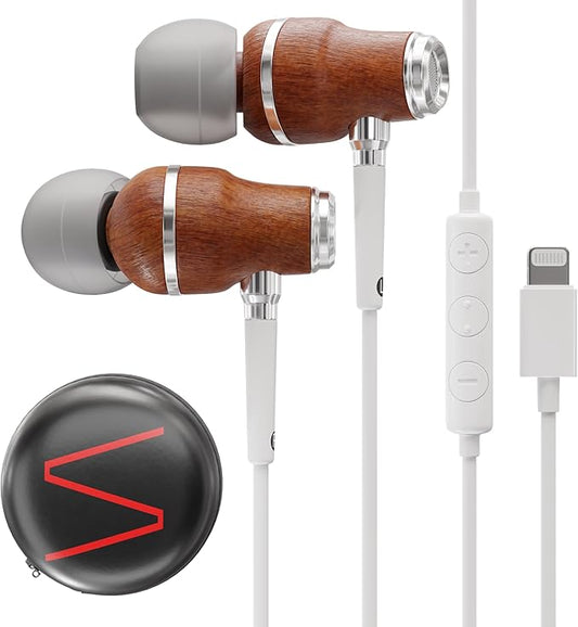 Symphonized iPhone Earphones Wired Deep Bass Sound, 3D Sound, Microphone Volume Control, 90% Noise Cancelling, Bubinga Wooden with Lightning (Apple MFI Certified), iPhone SE to 14 Earbuds (White)-StrideForce Fitness