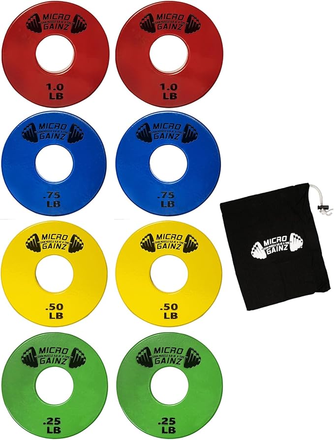 Micro Gainz Standard 1-Inch Center Hole Fractional 8 Piece Weight Plates with Bag, Designed for Standard 1-Inch Dumbbell & Barbell for Strength Training and Weight Lifting, Made in USA-StrideForce Fitness