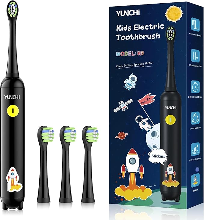 YUNCHI K5 Kids Rechargeable Electric Toothbrush with Waterproof Stickers, 3 Modes with 2 Minutes Timer, for Boys Age 4-6-8-12, Toddler Children Sonic Toothbrush with 4 Replacement Heads Soft, Black