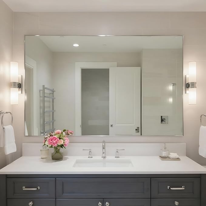 27x40 Inch Nickel Bathroom Mirror for Wall, Aluminum Frame Rectangle Rectangular Vanity Mirror, Modern Large for Bedroom, Living Room, Horizontal or Vertical-StrideForce Fitness