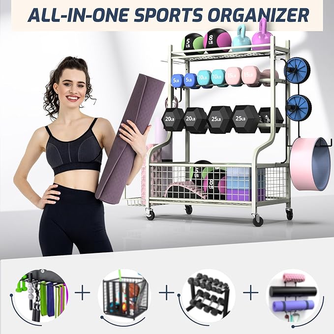 PLKOW Dumbbell Rack, Weight Rack for Dumbbells, Home Gym Storage for Dumbbells Kettlebells Yoga Mat and Balls, All in One Workout Storage with Wheels and Hooks, Powder Coated Finish Steel-StrideForce Fitness