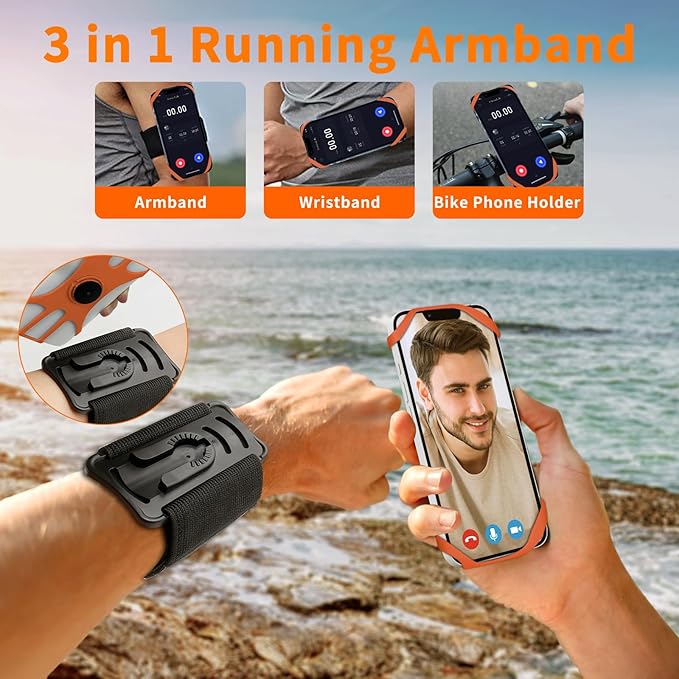 3in1 Phone Holder for Running,Arm Band/Wrist Holder/Bike Mount,Phone Armbands 360° Rotation & Detachable Fit All 4.5-7" Cellphone for iPhone 16/15/Pro/ProMax/14/13/12/mini/Pro Max/XS/XR-StrideForce Fitness