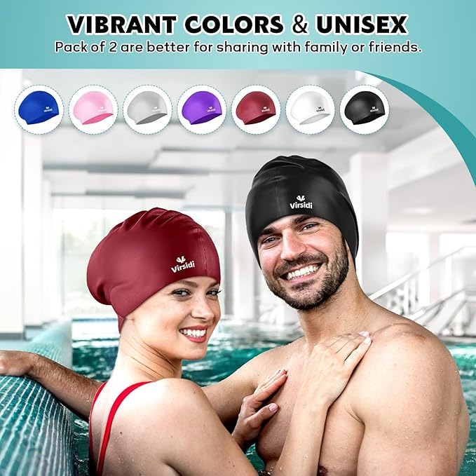 2 Pack Swim Cap for Women Men Adult, Silicone Swimming Caps for Short Long Hair, Waterproof Swim Hats Bathing Caps to Keep Hair Dry with Nose Clip and Earplugs-StrideForce Fitness