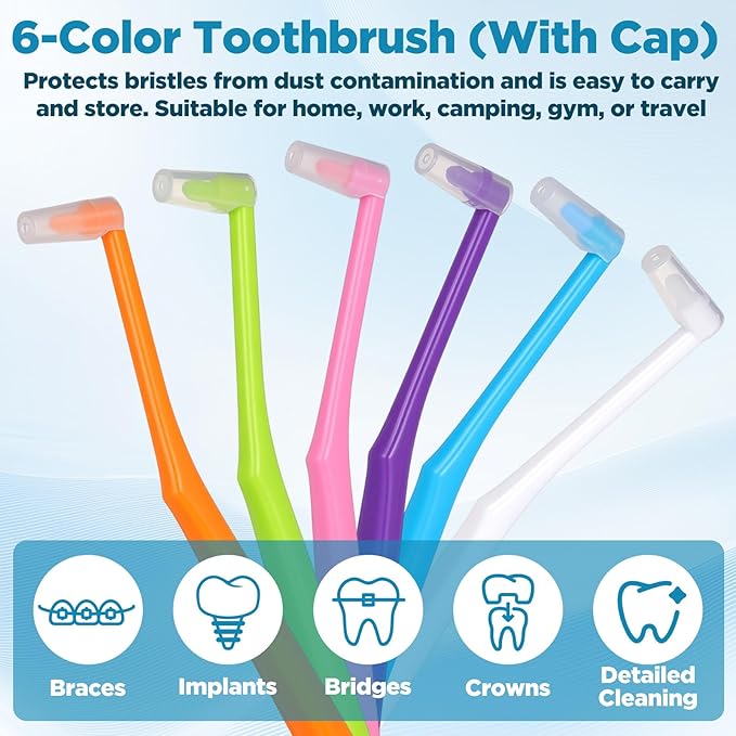 6 Pcs End Tuft Toothbrush for Adult, Soft Bristles Angled Toothbrush with Covers Single Tufted Tooth brush for Orthodontic, Braces, Implants, Retainers, Back Teeth Detail Cleaning