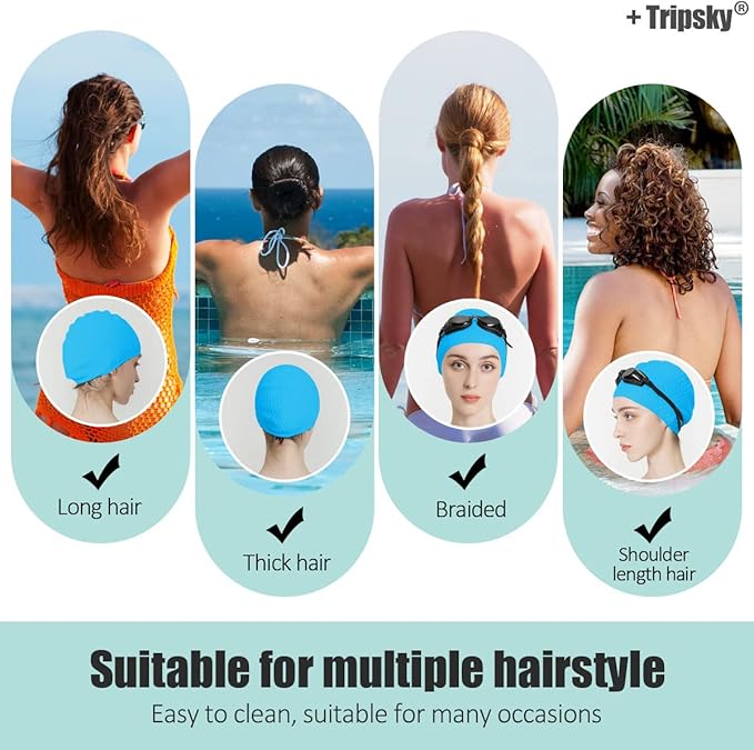 Tripsky Silicone Swim Cap,Comfortable Bathing Cap Ideal for Curly Short Medium Long Hair, Swimming Cap for Women and Men, Shower Caps Keep Hairstyle Unchanged…-StrideForce Fitness