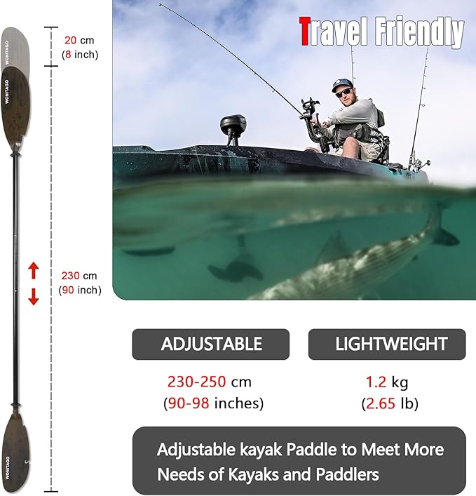 Angler Kayak Paddles Aluminum Paddle with Plastic Blades and Paddle Leash, Floating Adjustable Fishing Kayak Oars, 3 Piece, 230-250cm/90-98 inch-StrideForce Fitness