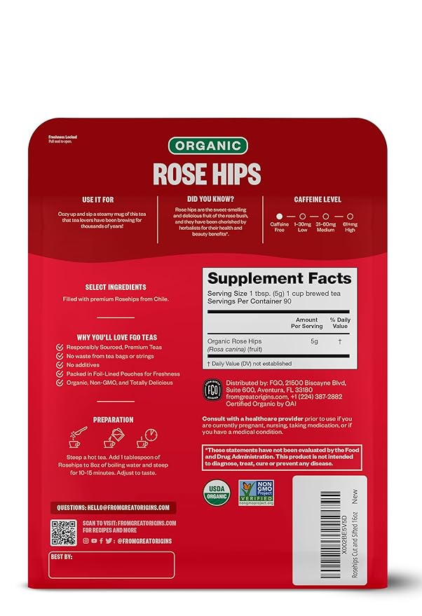 FGO Organic Rosehips Tea, Cut and Sifted, 16 Ounce Resealable Bag, Packaging May Vary (Pack of 1)-StrideForce Fitness