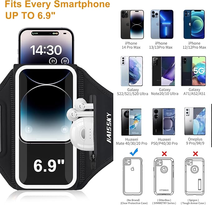 Running Armband with Earphone Bag Cell Phone Armband for iPhone 16 15 Pro 14 Plus 13 11 XR XS, Galaxy S24/S10 Water Resistant Sports Phone Holder Case & Zipper Slot Car Key Holder for 6.9 inch Phone-StrideForce Fitness