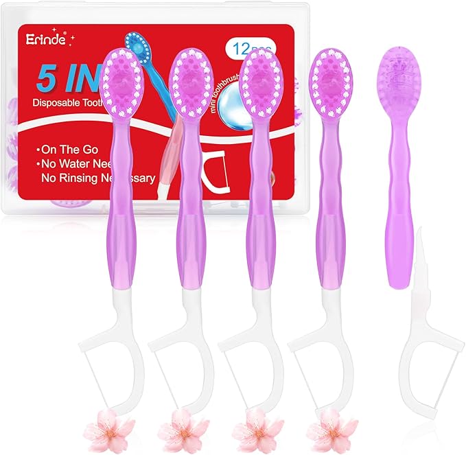 Erinde 5 in 1 Mini Disposable Toothbrushes with Toothpaste + Tongue Scraper + Picks + Floss Travel Case, Prepasted Travel Toothbrushes Pick for Work or Travel, Soft Brushes, 12 Count (Sakura Flavors)