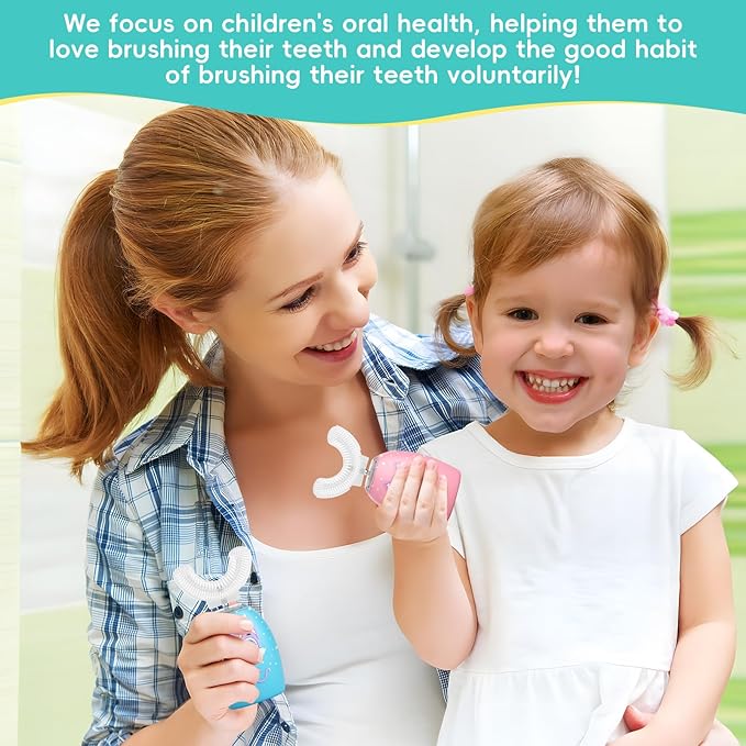 Kids U Shaped Electric Toothbrush with 4 Brush Heads, Rechargeable Toothbrush Kids with 2 Modes, Cartoon Cat 360-Degree Cleaning IPX7 Waterproof Design (Ages 2-12)