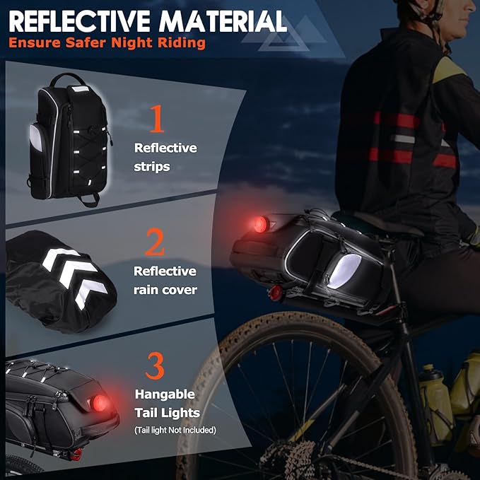 RAINSMORE Bike Bags for Bicycle Rear Rack 15L Waterproof Bike Ebike Trunk Pannier Saddle Bag with Rain Cover Bike Accessories Backpack Shoulder Bag for Commuter Travel Outdoor, Black-StrideForce Fitness
