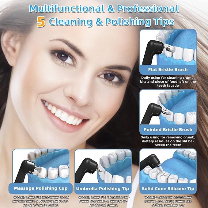 Tooth Polisher - Plaque Remover for Teeth Tooth Polisher with LED Light 5 Speed Modes with Teeth Cleaning Kit 5 Replacement Brush Heads，Teeth Whitener for Daily Cleaning