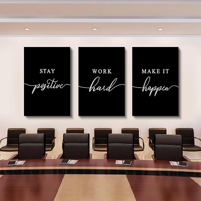 Work Hard Canvas Wall Art - Success Quote, Office Decor - Black Large Poster, Positive Motivational Set of 3 Prints (16x24in x 3pcs)-StrideForce Fitness