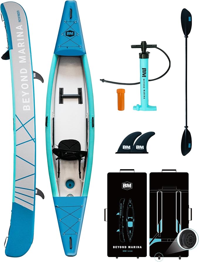 BEYOND MARINA Inflatable Kayak 1 & 2 & 3 Person Adult- Full Drop Stitch Kayak with Aluminum Paddles, Seats, Footrests, Pump, Fins-StrideForce Fitness