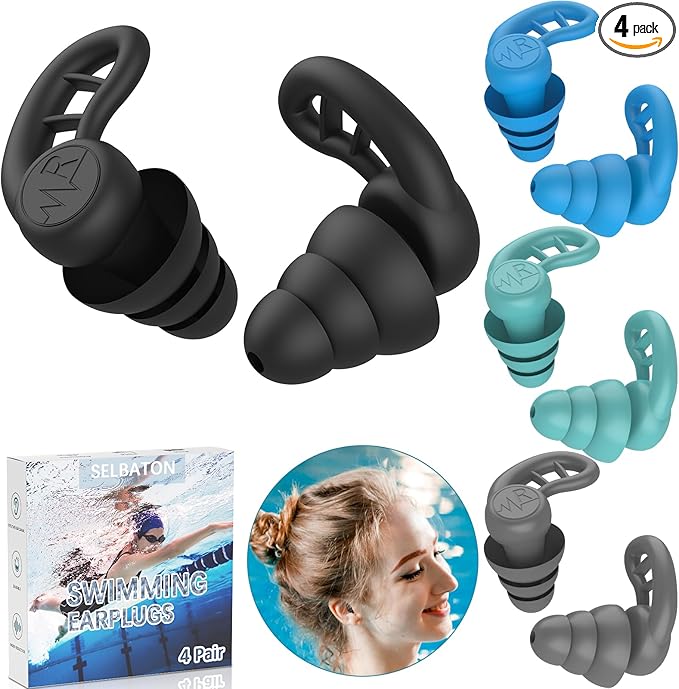 Swimming Ear Plugs for Adults, 4 Pairs Reusable Silicone Waterproof Colorful Swim Earplugs for Swimming Showering Snorkeling Surfing and Water Sports, Water Ear Plugs for Men and Women-StrideForce Fitness