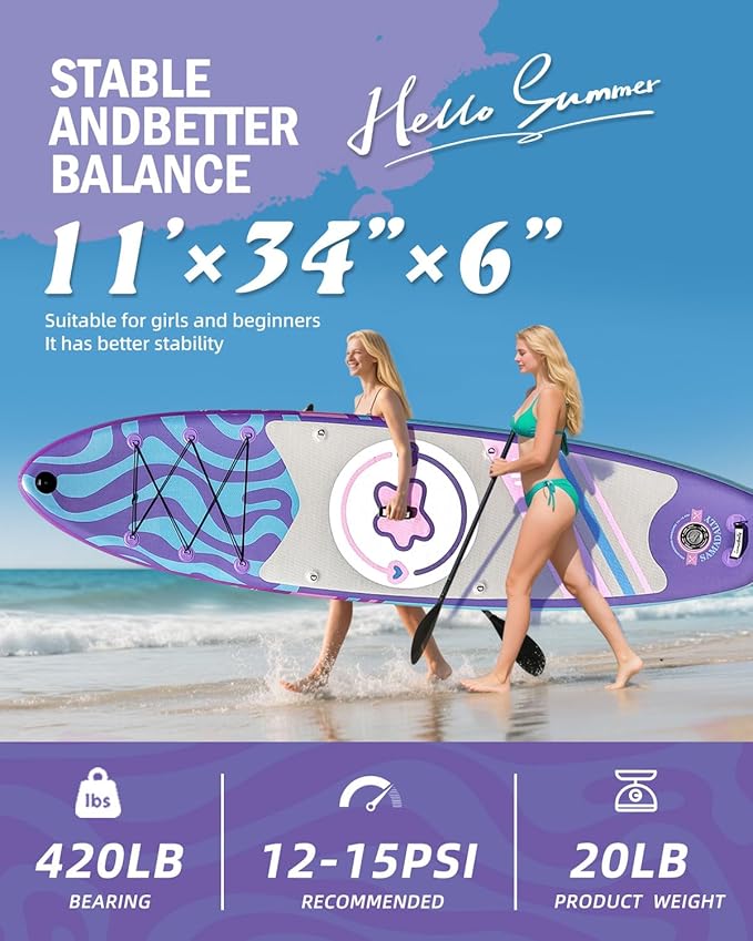 11'Stand Up Paddle Boards Surf Control with Premium SUP Board Accessories Backpack & Removable Fins, 34" Wide Inflatable Paddle Boards of All Skill Levels-StrideForce Fitness