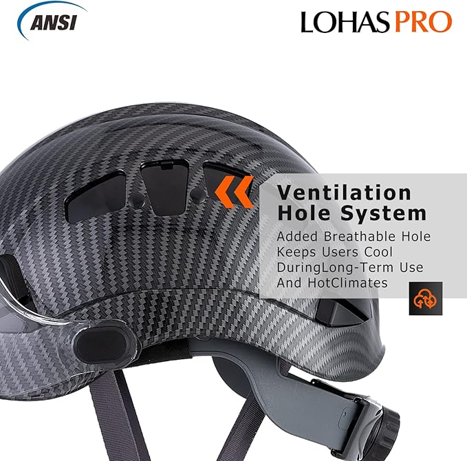 LOHASPRO Hard Hats Construction Safety Helmet with Visor ANSI Z89.1 Approved OSHA Hardhat, Vented Carbon Fiber Hard Hat with Chin Strap Tree Helmet(Black Graphite Pattern with Clear Visor)-StrideForce Fitness