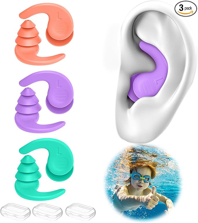 Kids Swimming Ear Plugs,3 Pairs Waterproof Reusable Silicone Child Swim Earplugs for Swimming Surfing Bathing Showering,Small Children Water Ear Plugs Suitable for Boys and Girls (Kids 4-12 Years Old)-StrideForce Fitness