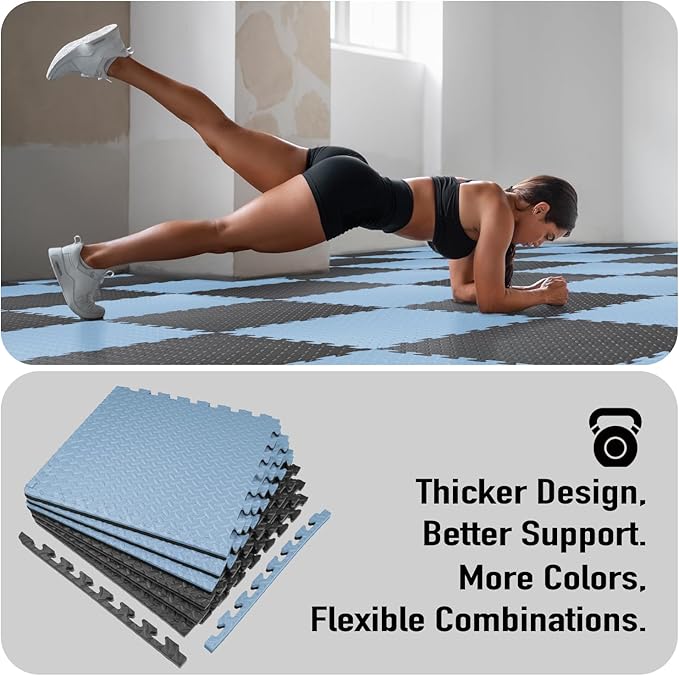 AIRHOP Upgraded 0.79" Extra Thick 48 Sq Ft High-Density Eva Foam Exercise Gym Mats, 12 Pcs Large Interlocking Puzzle Floor Tiles (24"x24") for Home Gym, Black&Blue-StrideForce Fitness