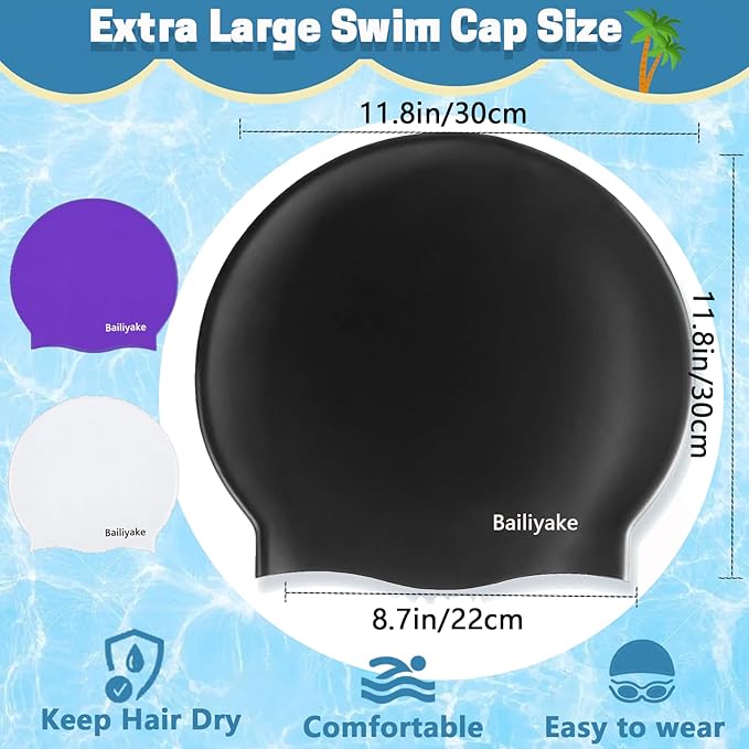 3 Pack Extra Large Swim Cap for Braids & Dreadlocks - Waterproof Silicone Swim Hat for Women with Long Thick Hair, Protective Swim Cap Cover Ears for Swimming, Shower, Bathing-StrideForce Fitness