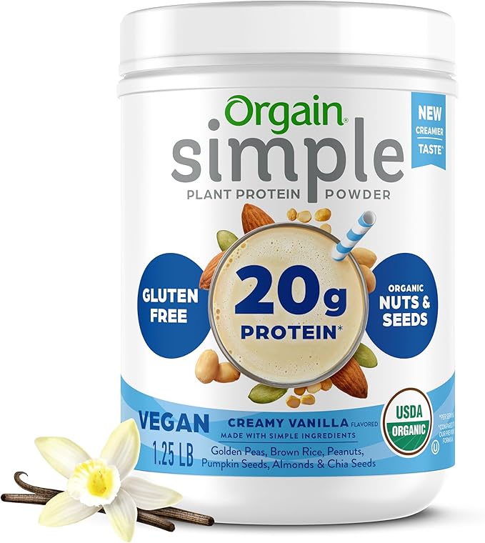 Orgain Organic Simple Vegan Protein Powder, Vanilla - 20g Plant Based Protein, Made with less Ingredients, No Artificial Sweeteners, Gluten Free, No Dairy or Lactose, 1.25 lb (Packaging May Vary)-StrideForce Fitness