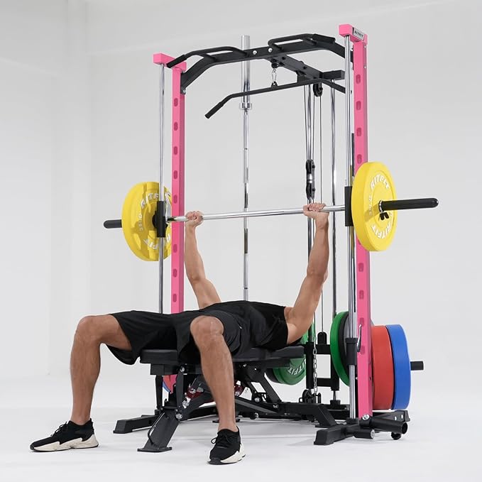 RitFit Smith Machine Power Rack with LAT-Pull Down System, Landmine, Barbell Bar, Plate Storage Pegs and More Training Attachment-StrideForce Fitness