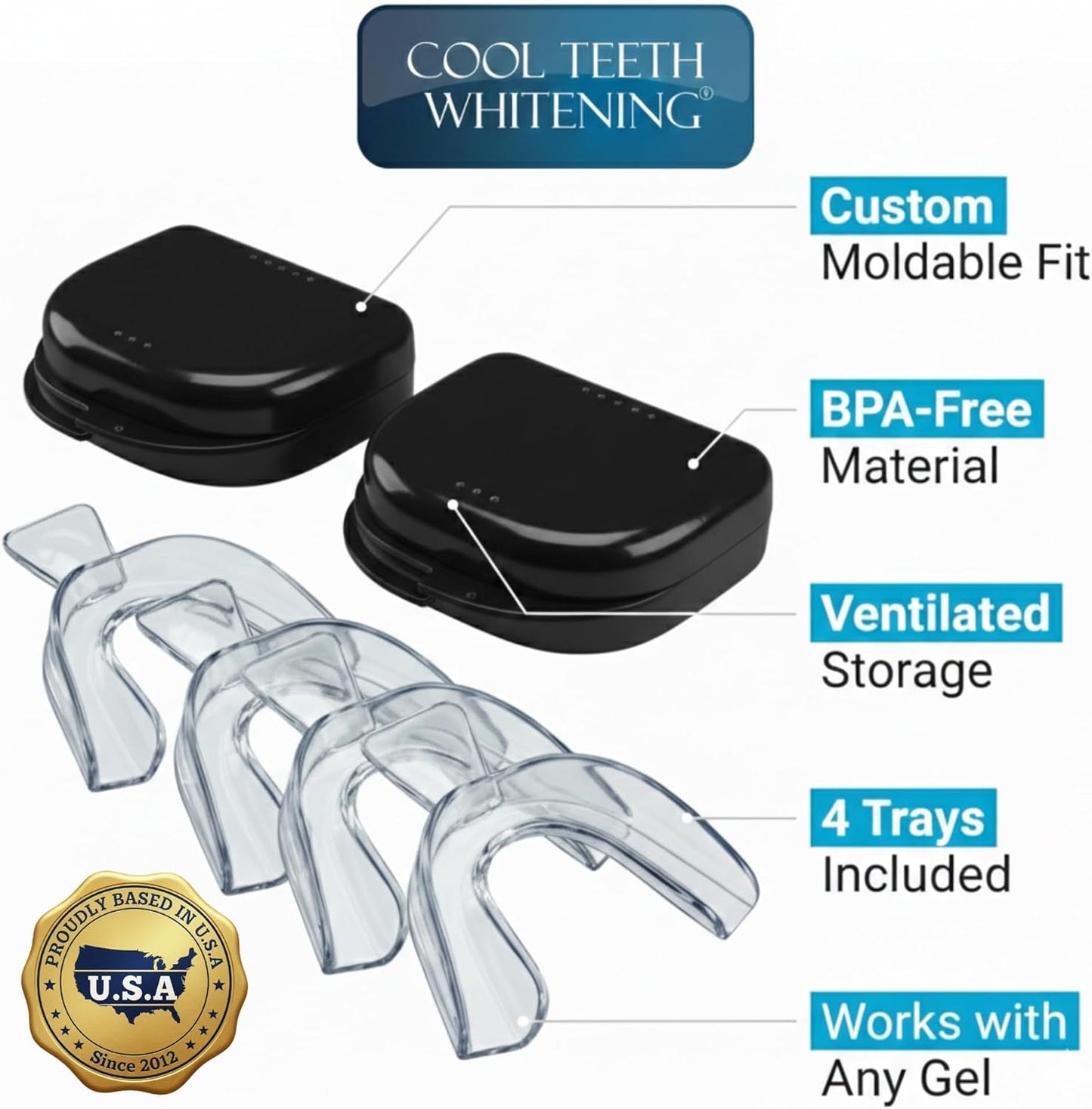 Teeth Whitening Trays Moldable 4-Pc Bleaching Trays for Teeth Whitening with 2 Slim Retainer Cases - Comfortable, Thin Design for Tooth Bleach, Compatible with Opalescence Gel Not Included