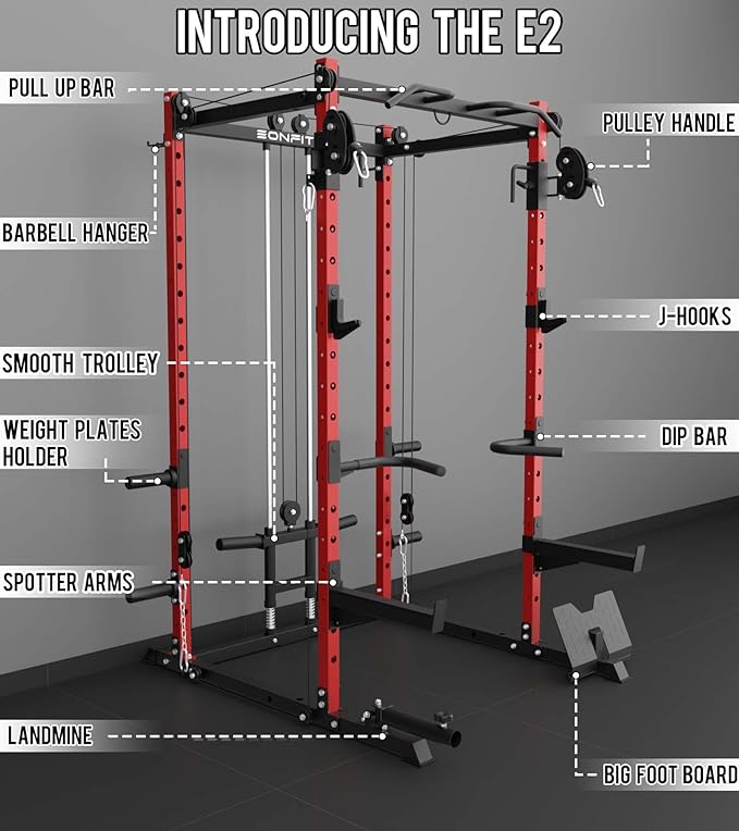Eonfit E2 Power Cage，1500LB Squat Rack with Cable Crossover System.Multi-Function Power Rack for Home Gum.All-in-One Squat Rack with More Training Attachments-StrideForce Fitness
